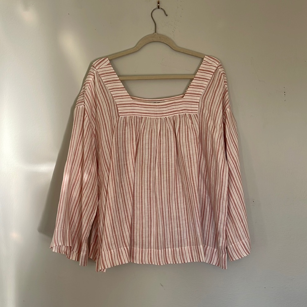 Rachel Zoe 100% linen, square neck, striped blouse XL